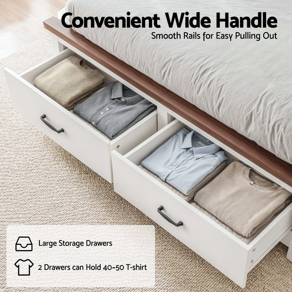 Artiss Double Wooden Bed Frame with 2 Drawer Platform Bed with 108cm Solid High Headboard White Bed Base for Bedroom Easy Assembly Awezingly