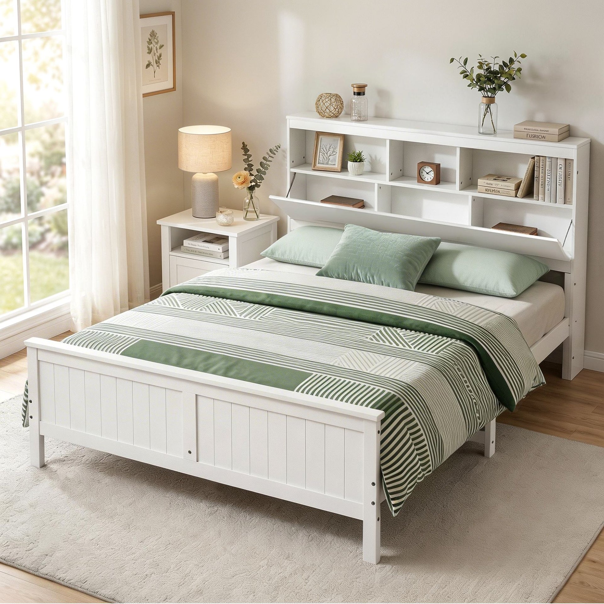 Artiss Queen Bed Frame with Storage Headboard and Footboard Wooden Bed Base White Awezingly