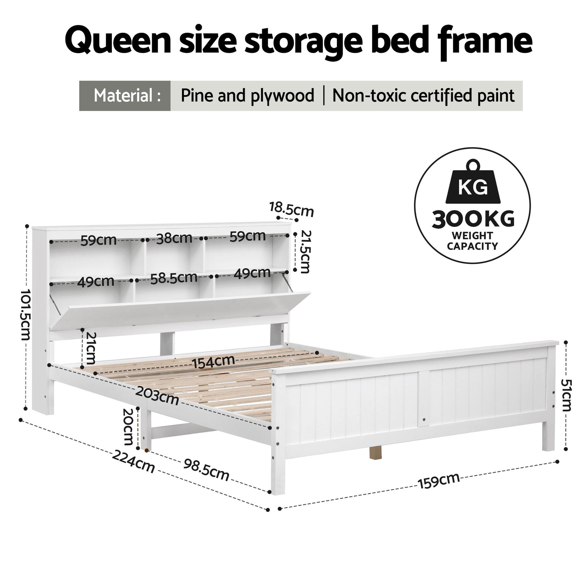 Artiss Queen Bed Frame with Storage Headboard and Footboard Wooden Bed Base White Awezingly