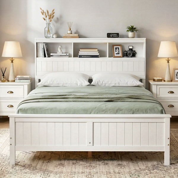 Artiss Queen Bed Frame with Storage Headboard and Footboard Wooden Bed Base White Awezingly