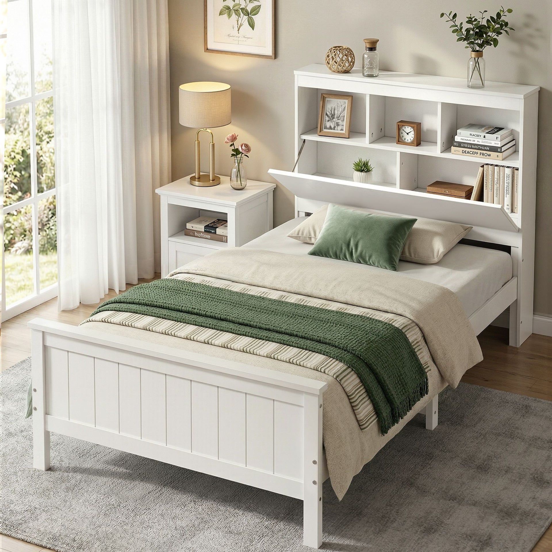 Artiss Single Bed Frame with Storage Headboard and Footboard Wooden Bed Base White Awezingly