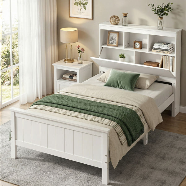 Artiss Single Bed Frame with Storage Headboard and Footboard Wooden Bed Base White Awezingly
