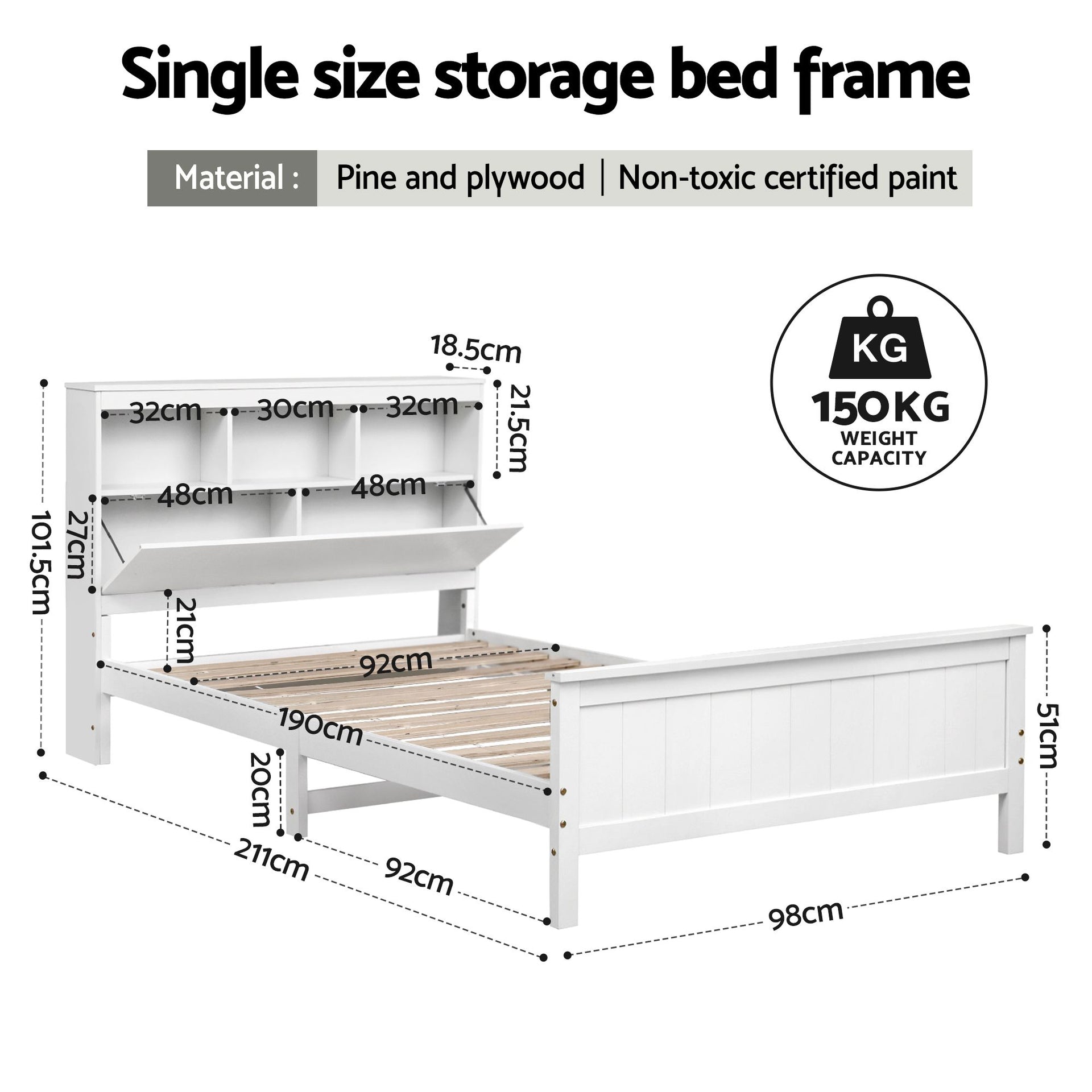 Artiss Single Bed Frame with Storage Headboard and Footboard Wooden Bed Base White Awezingly