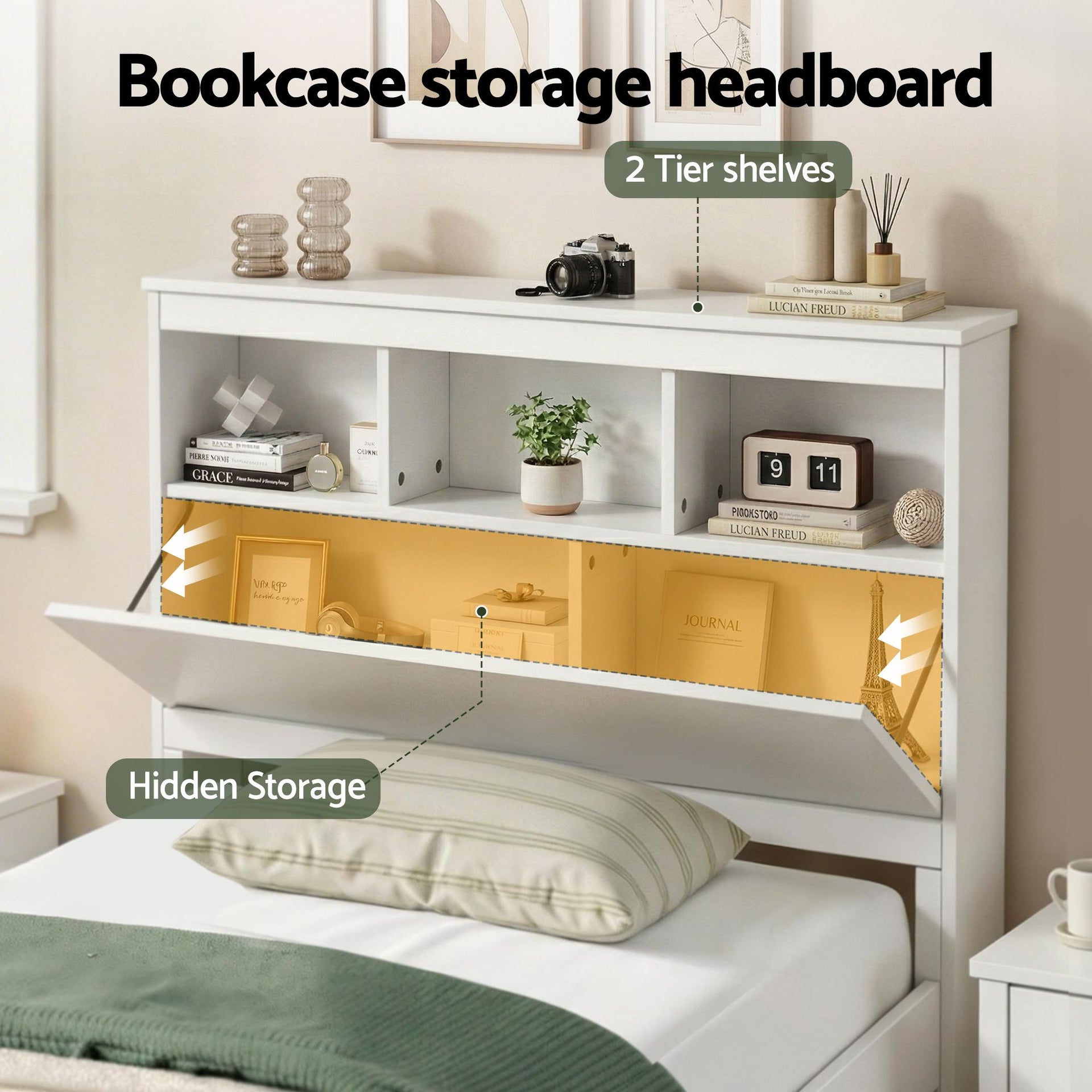 Artiss Single Bed Frame with Storage Headboard and Footboard Wooden Bed Base White Awezingly