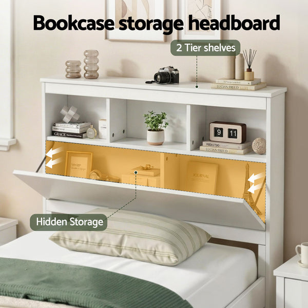Artiss Single Bed Frame with Storage Headboard and Footboard Wooden Bed Base White Awezingly