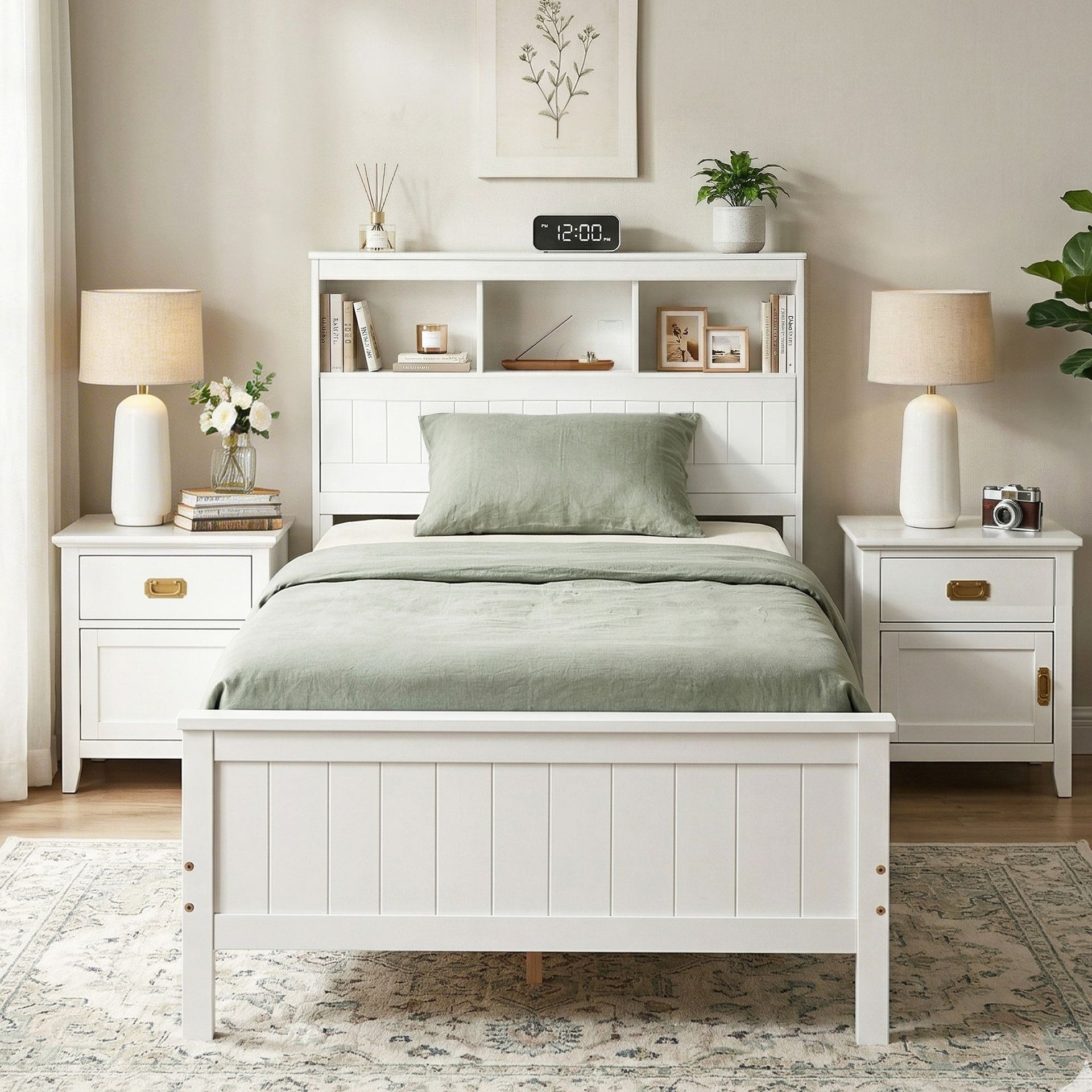 Artiss Single Bed Frame with Storage Headboard and Footboard Wooden Bed Base White Awezingly