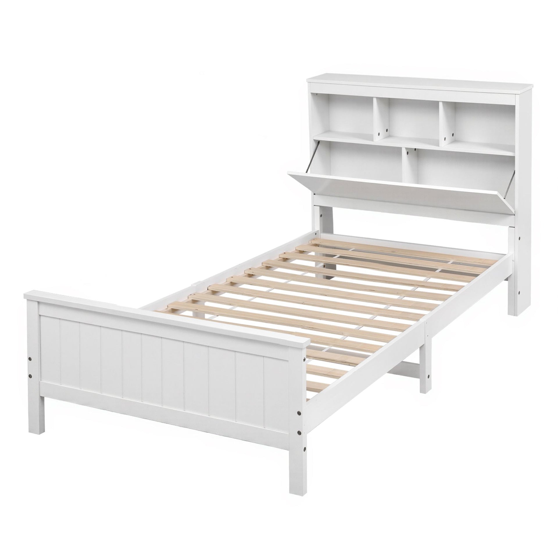 Artiss Single Bed Frame with Storage Headboard and Footboard Wooden Bed Base White Awezingly