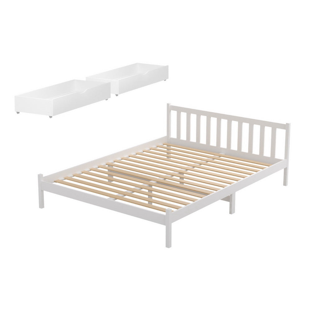 Artiss Bed Frame Double Size Wooden Platform with 2 Storage Drawers White SOFIE Awezingly