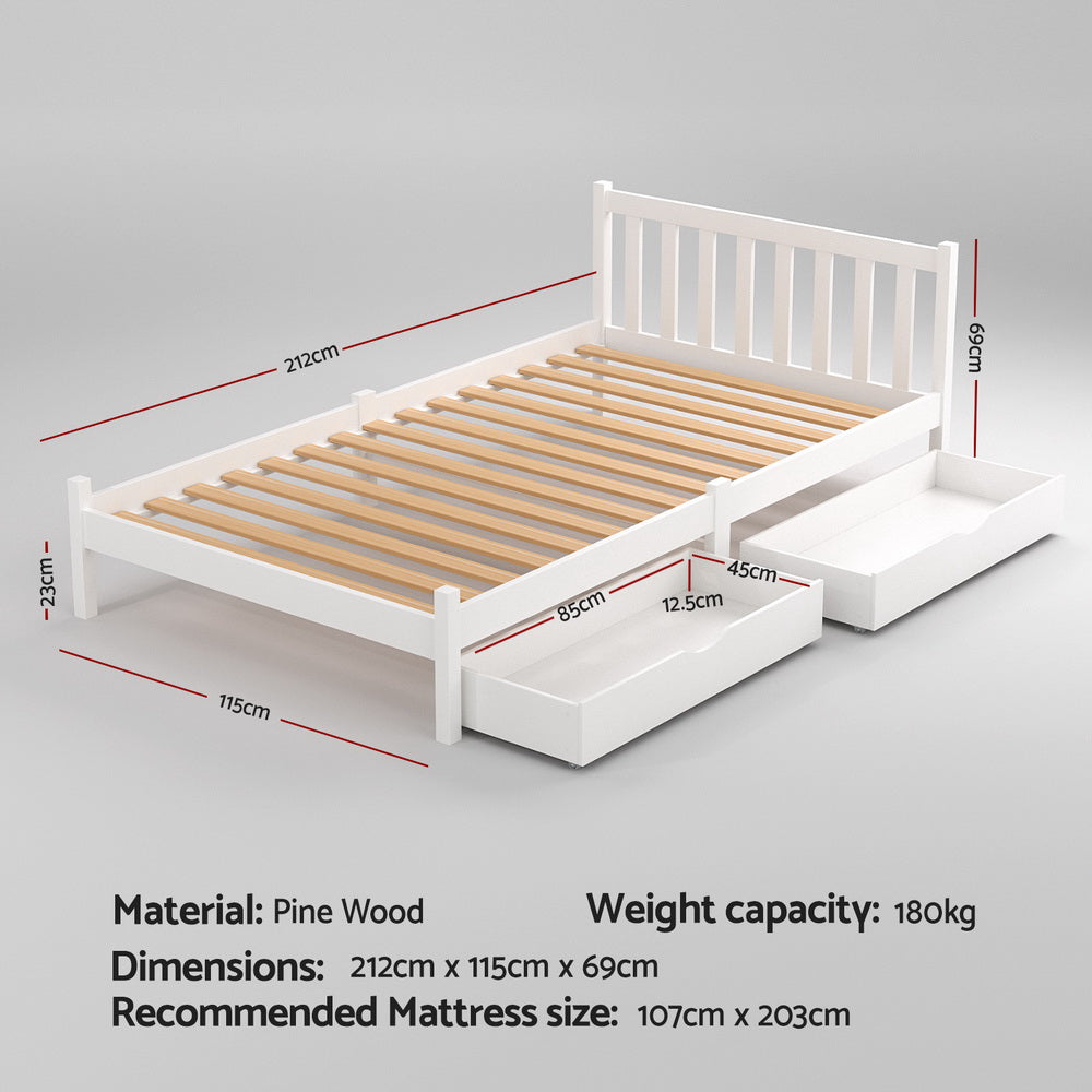 Artiss Bed Frame King Single Size Wooden Platform with 2 Storage Drawers White Awezingly
