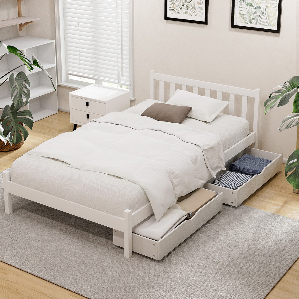 Artiss Bed Frame King Single Size Wooden Platform with 2 Storage Drawers White Awezingly