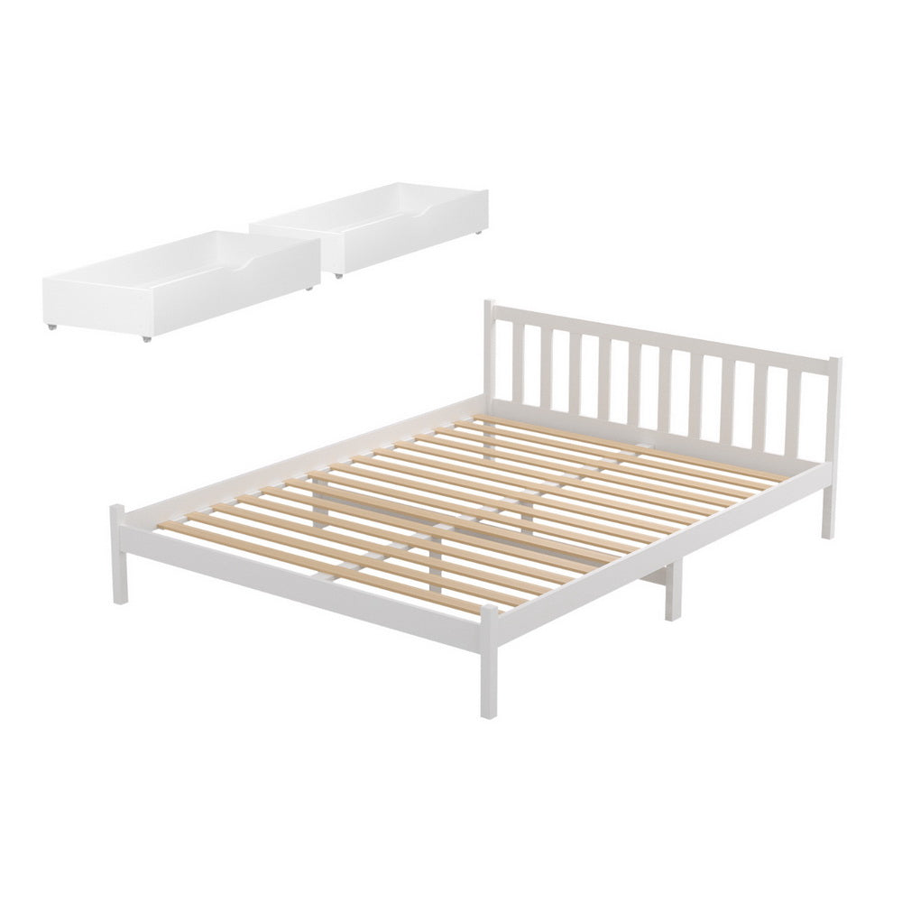 Artiss Bed Frame Queen Size Wooden Platform with 2 Storage Drawers White Awezingly