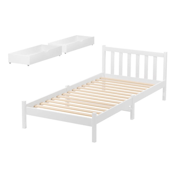 Artiss Bed Frame Single Size Wooden Platform with 2 Storage Drawers White SOFIE Awezingly