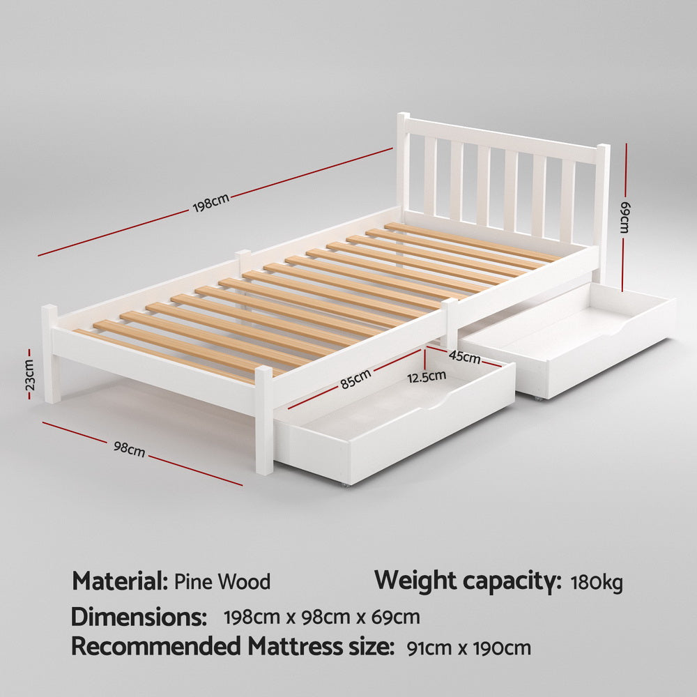 Artiss Bed Frame Single Size Wooden Platform with 2 Storage Drawers White SOFIE Awezingly