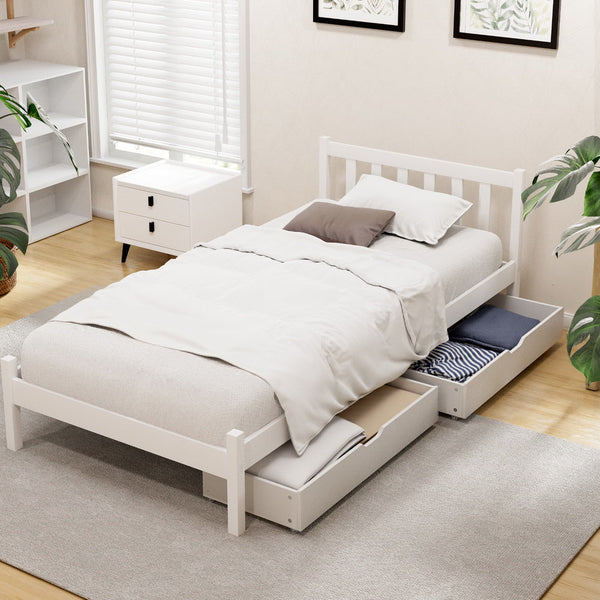 Artiss Bed Frame Single Size Wooden Platform with 2 Storage Drawers White SOFIE Awezingly