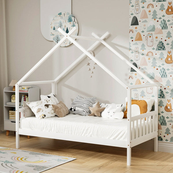 Artiss Bed Frame Wooden Base Kids Single Timber House Beds White Artiss