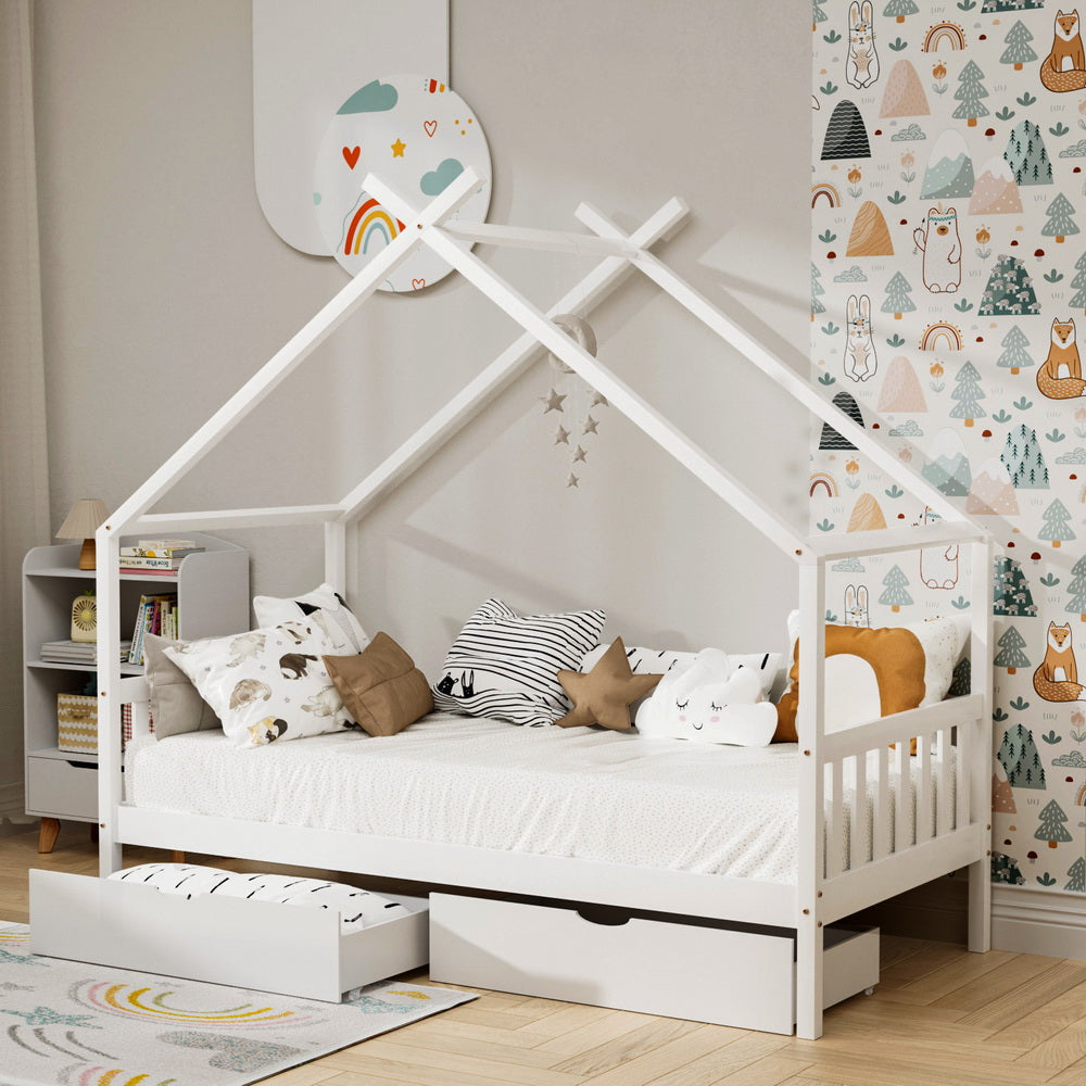 Artiss Bed Frame Wooden Base Kids Single Timber House  with 2 Storage Drawers Beds White Awezingly