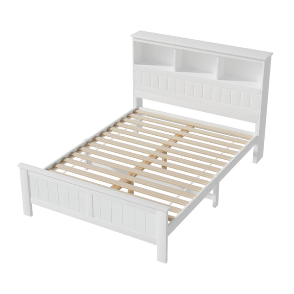 Artiss Bed Frame Double Size Wooden with 3 Shelves Bed Head White Awezingly