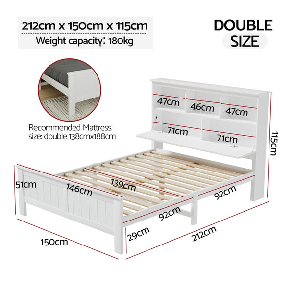 Artiss Bed Frame Double Size Wooden with 3 Shelves Bed Head White Awezingly