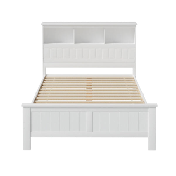 Artiss Bed Frame Double Size Wooden with 3 Shelves Bed Head White Awezingly