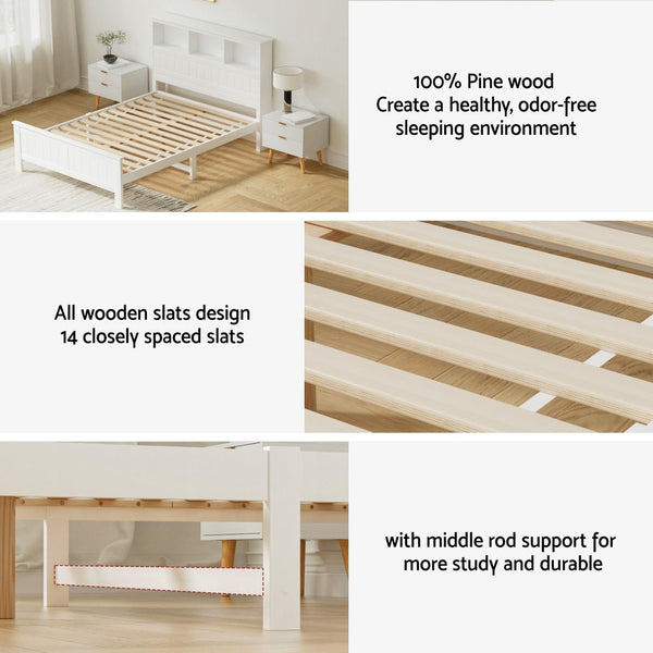 Artiss Bed Frame Double Size Wooden with 3 Shelves Bed Head White Awezingly