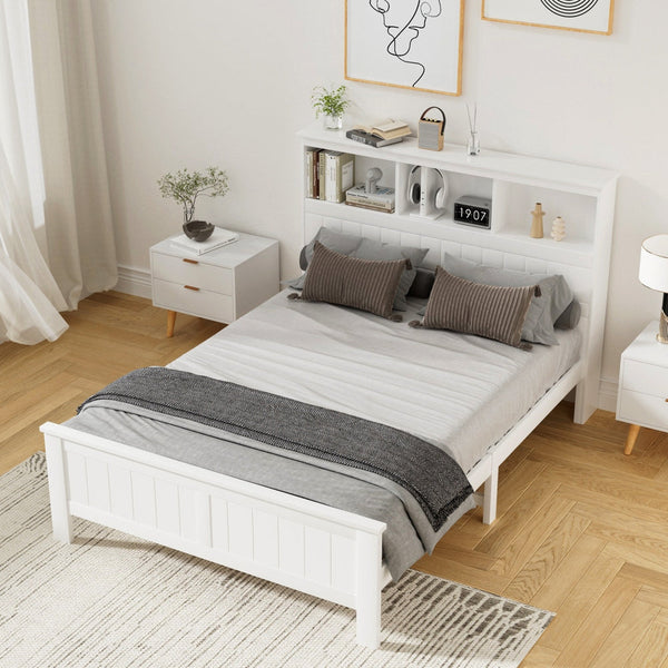 Artiss Bed Frame Double Size Wooden with 3 Shelves Bed Head White Awezingly