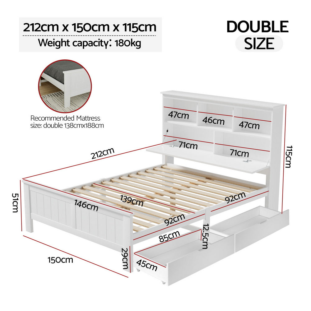 Artiss Bed Frame Double Size Wooden with 3 Shelves Bed Head White Awezingly