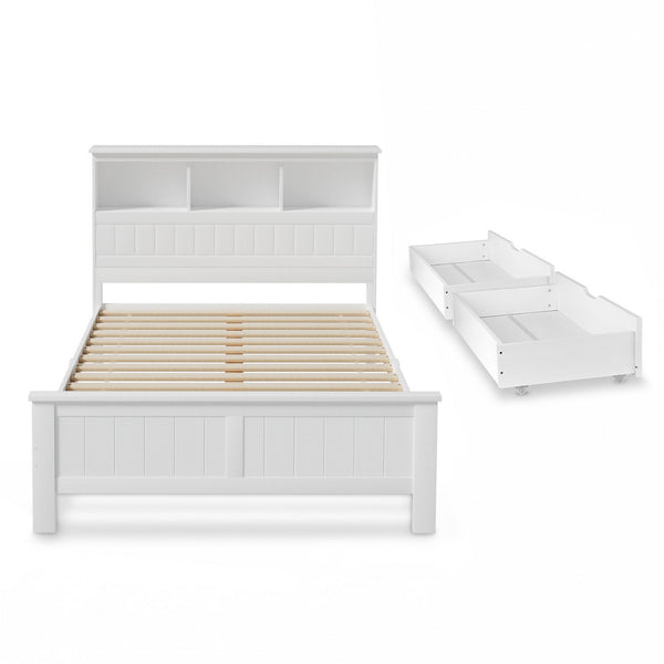 Artiss Bed Frame Double Size Wooden with 3 Shelves Bed Head White Awezingly