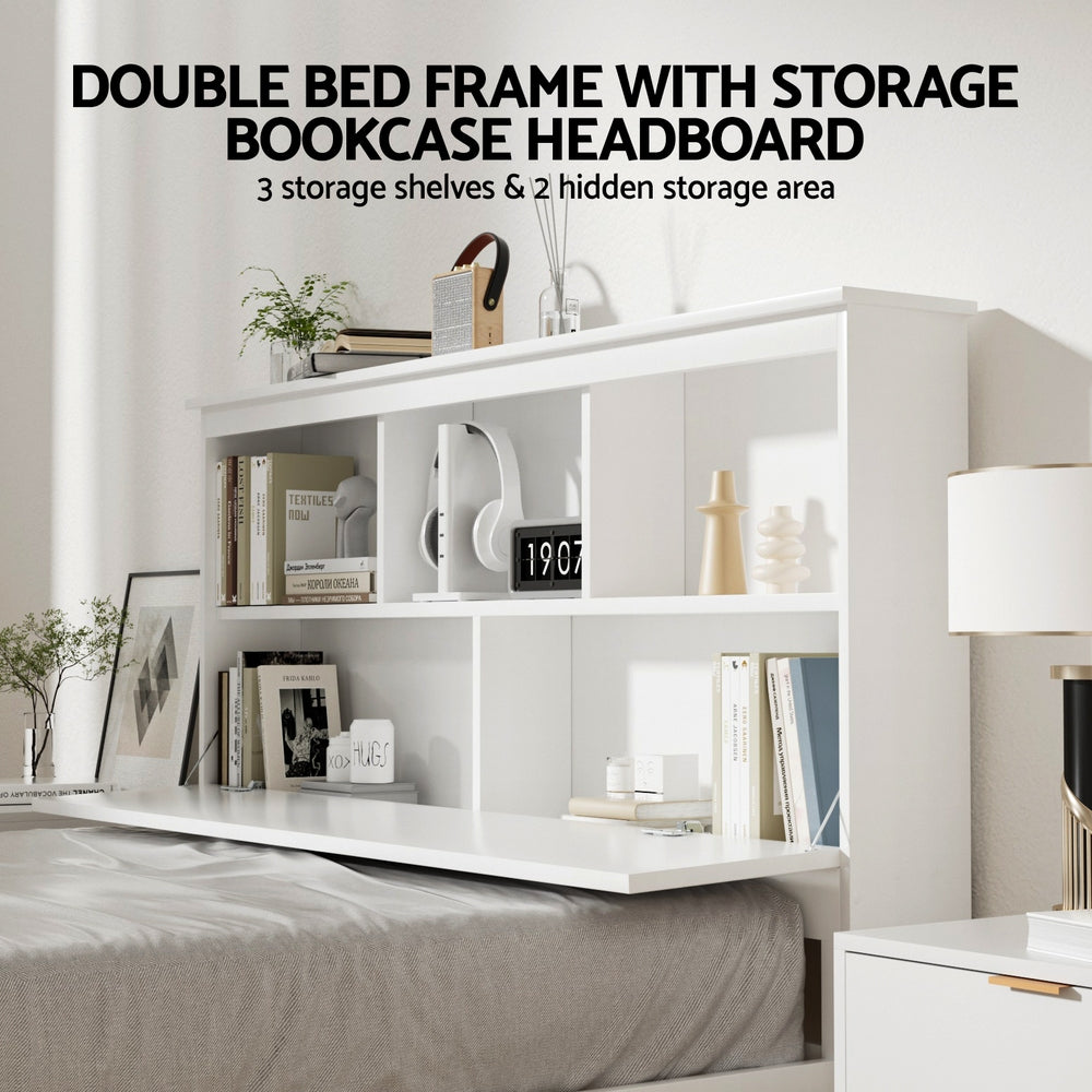 Artiss Bed Frame Double Size Wooden with 3 Shelves Bed Head White Awezingly