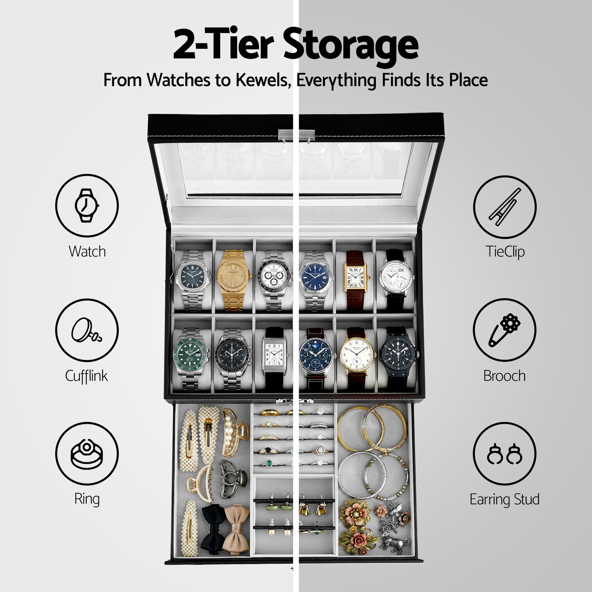 Embellir 12 Grids Watch Box Organizer Case Jewelry Display Storage Showcase Embellir