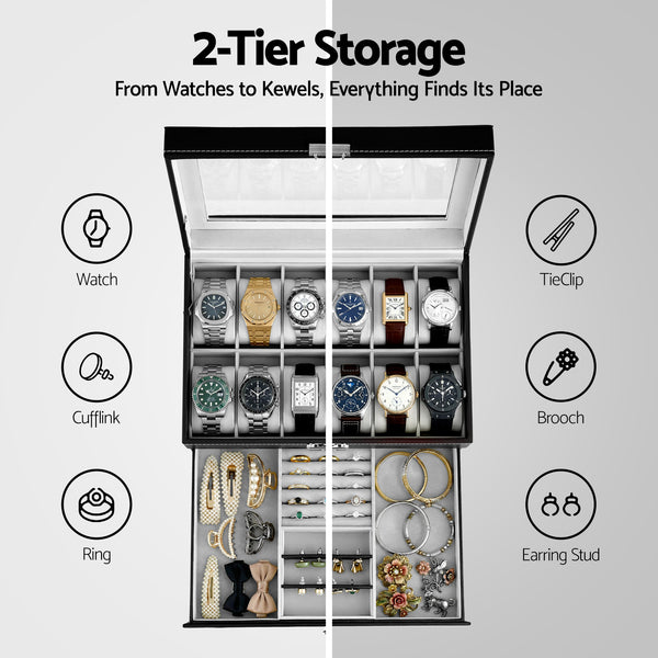 Embellir 12 Grids Watch Box Organizer Case Jewelry Display Storage Showcase Embellir