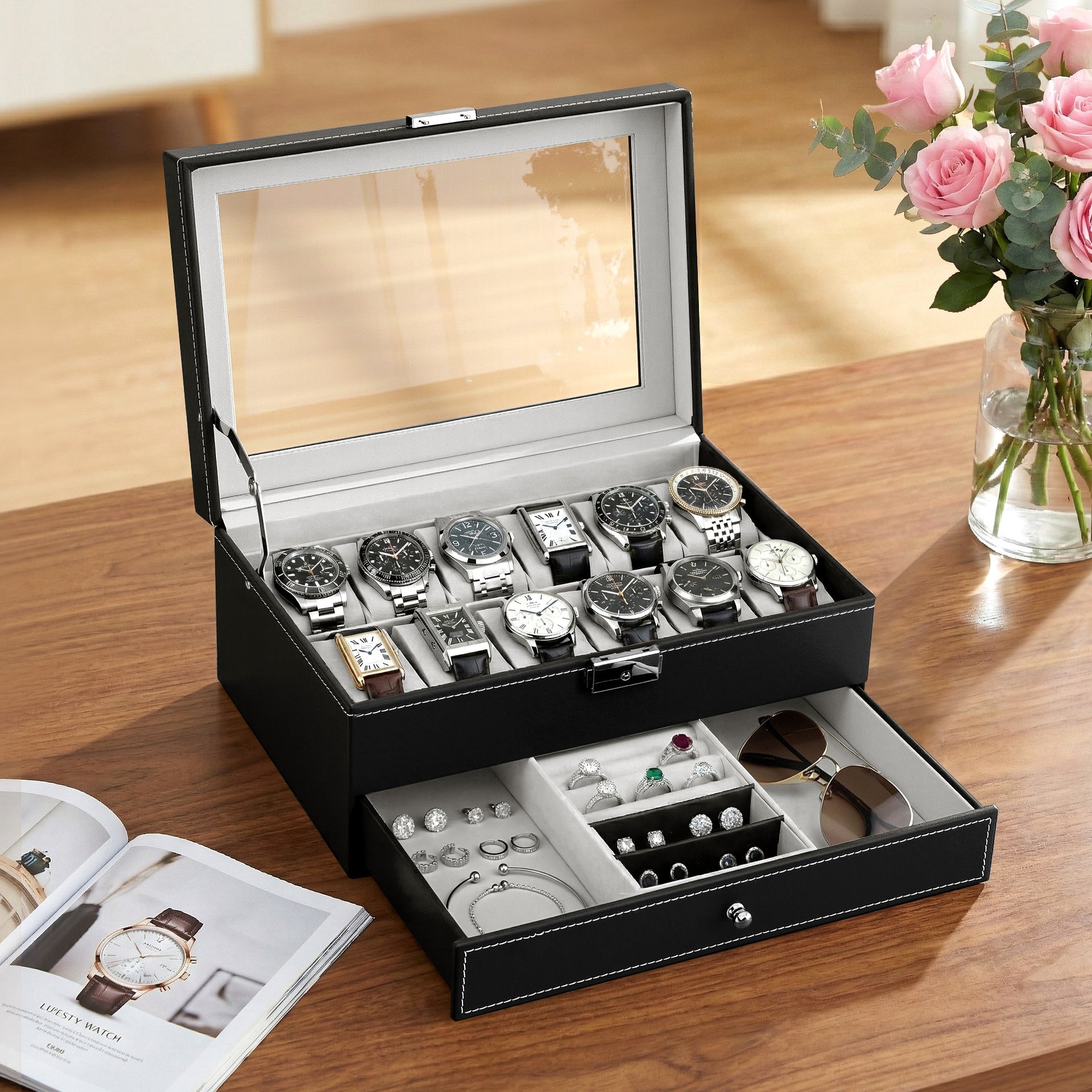Embellir 12 Grids Watch Box Organizer Case Jewelry Display Storage Showcase Embellir