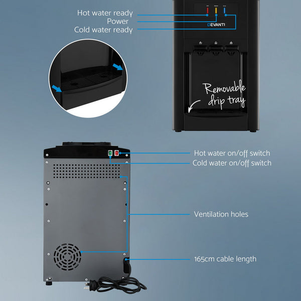 22L Devanti Water Cooler Dispenser Bench Top 3 Taps Chiller Filter Purifier Three Taps Balck Devanti