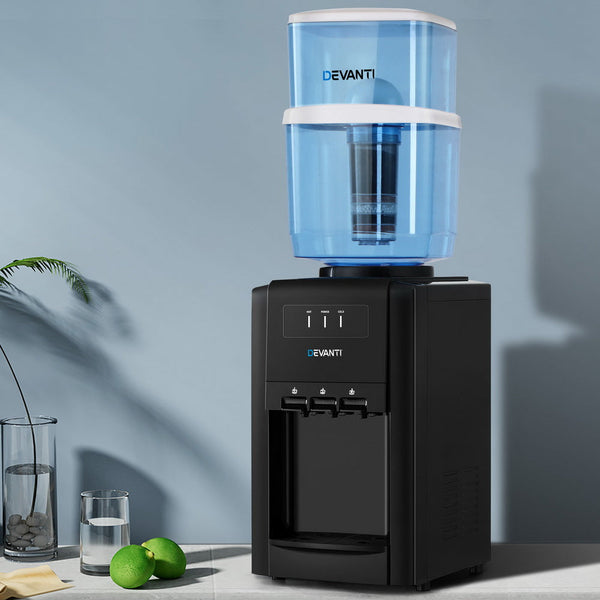 22L Devanti Water Cooler Dispenser Bench Top 3 Taps Chiller Filter Purifier Three Taps Balck Devanti