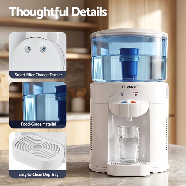 Devanti 5L Bench Top Water Cooler Dispenser with Filter 2 Taps Countertop Water Purifier Awezingly