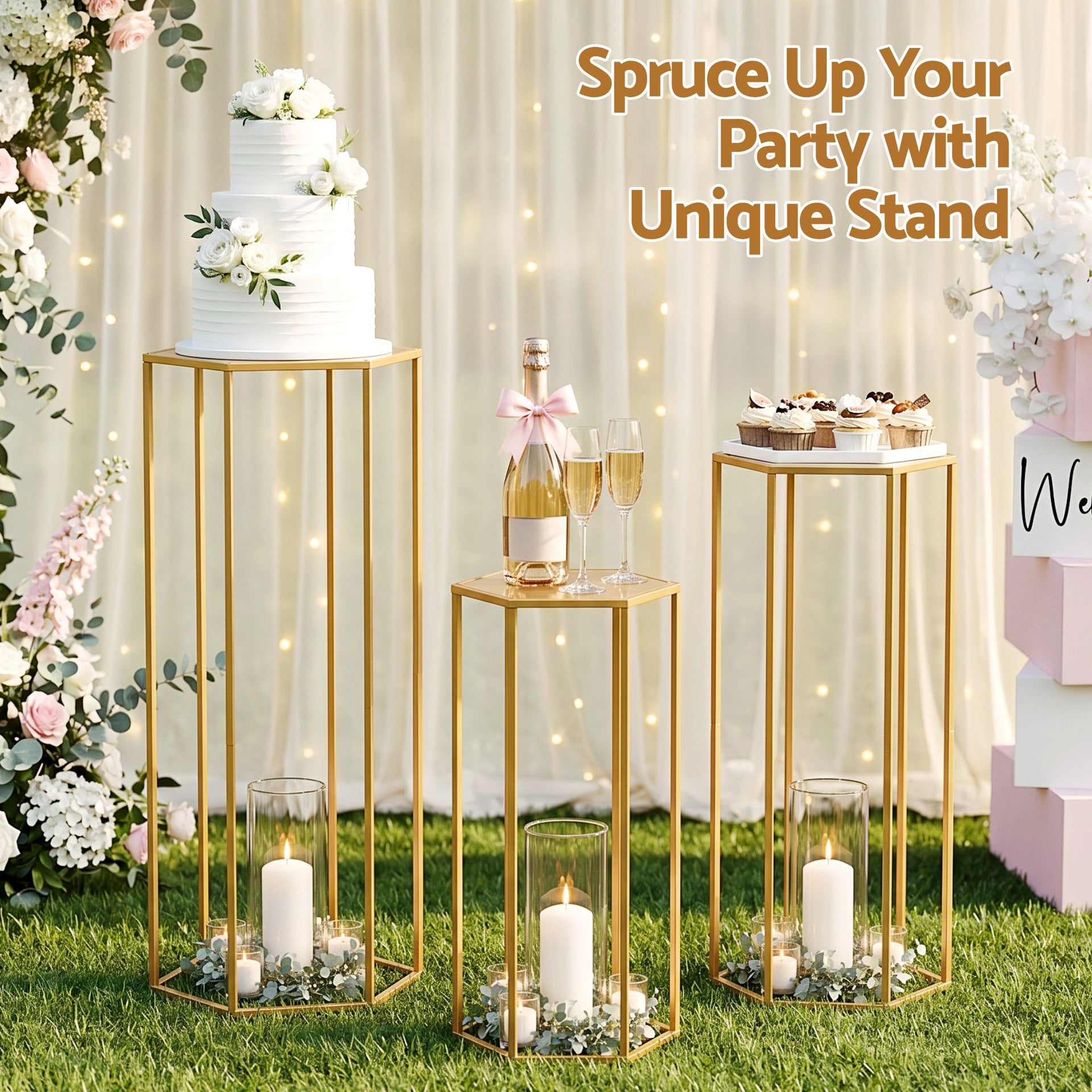 3Pcs Wedding Backdrop Pedestal Stand Gold Metal Hexagon Wedding Frame Plinth Pillars Table Awezingly