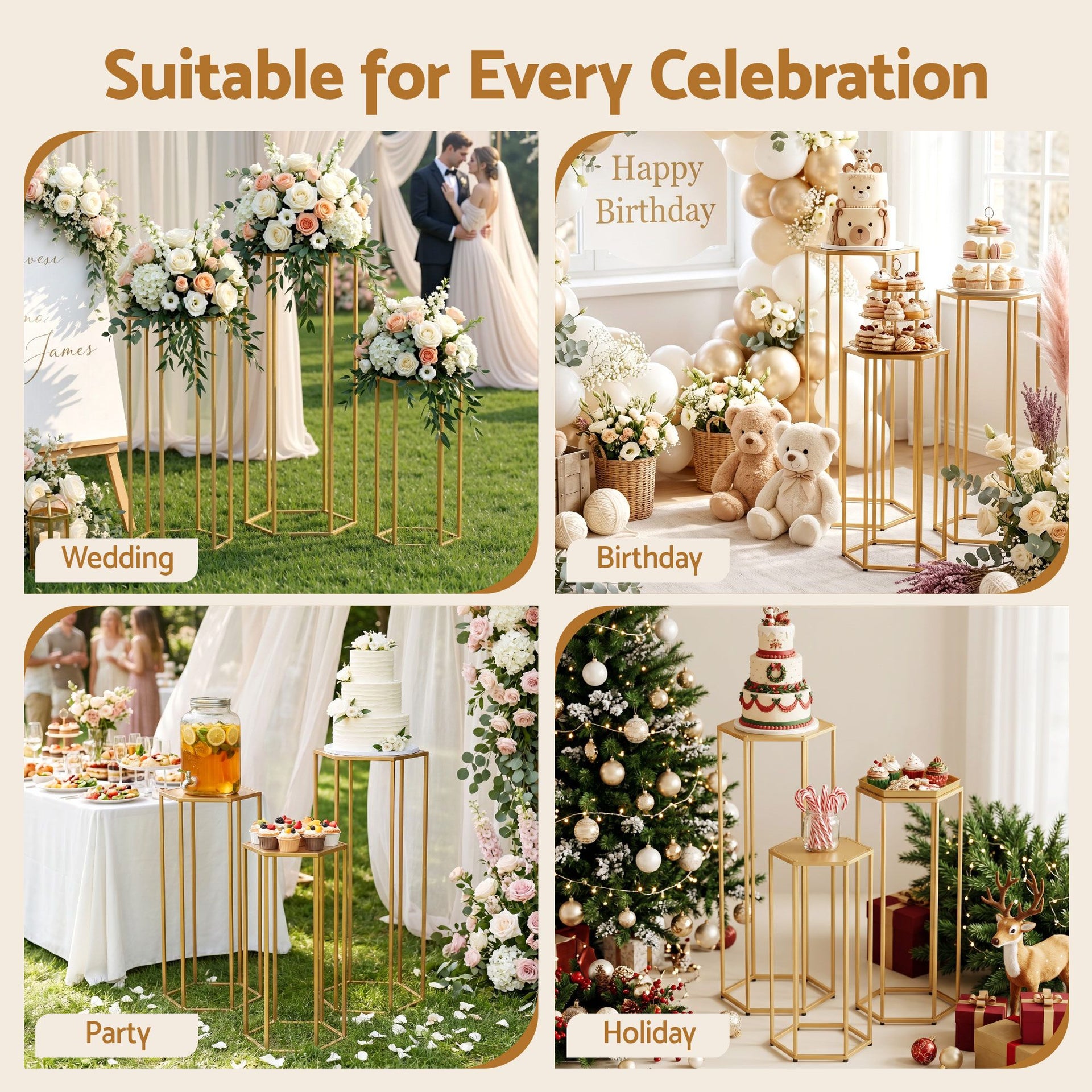3Pcs Wedding Backdrop Pedestal Stand Gold Metal Hexagon Wedding Frame Plinth Pillars Table Awezingly