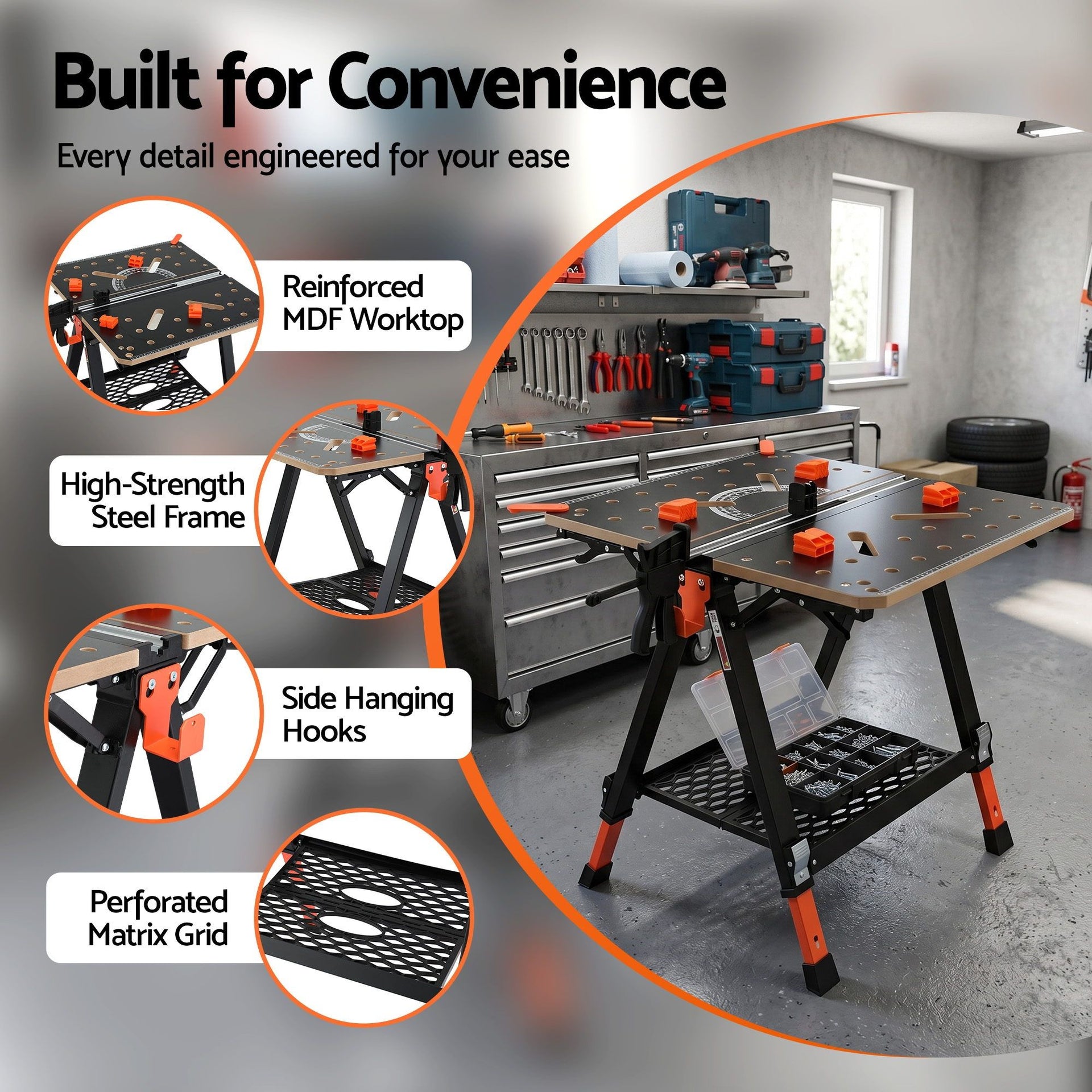 Giantz Portable Folding Work Table 454kg Adjustable Workbench Awezingly