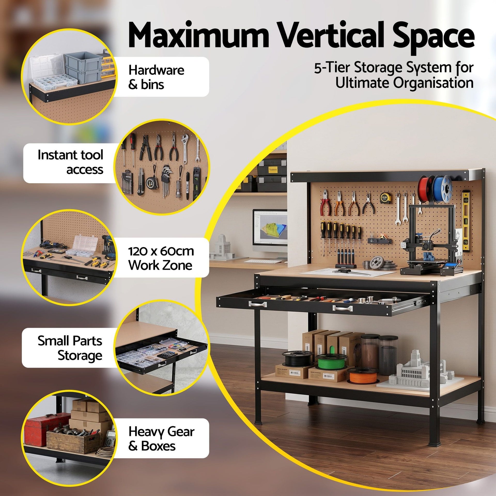 Giantz Workbench with Pegboard and Ultra-Wide 120cm Work Table for Garage DIY, 20 Hooks Awezingly