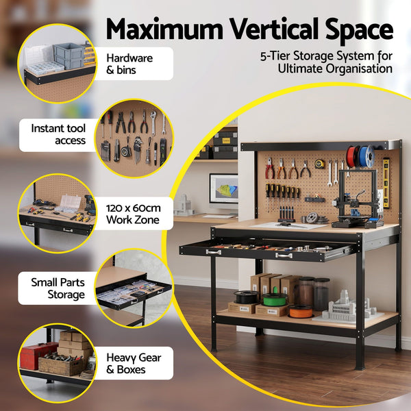 Giantz Workbench with Pegboard and Ultra-Wide 120cm Work Table for Garage DIY, 20 Hooks Awezingly