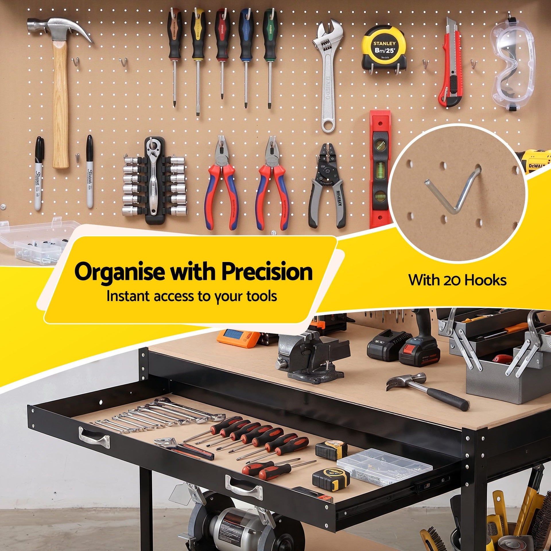 Giantz Workbench with Pegboard and Ultra-Wide 120cm Work Table for Garage DIY, 20 Hooks Awezingly