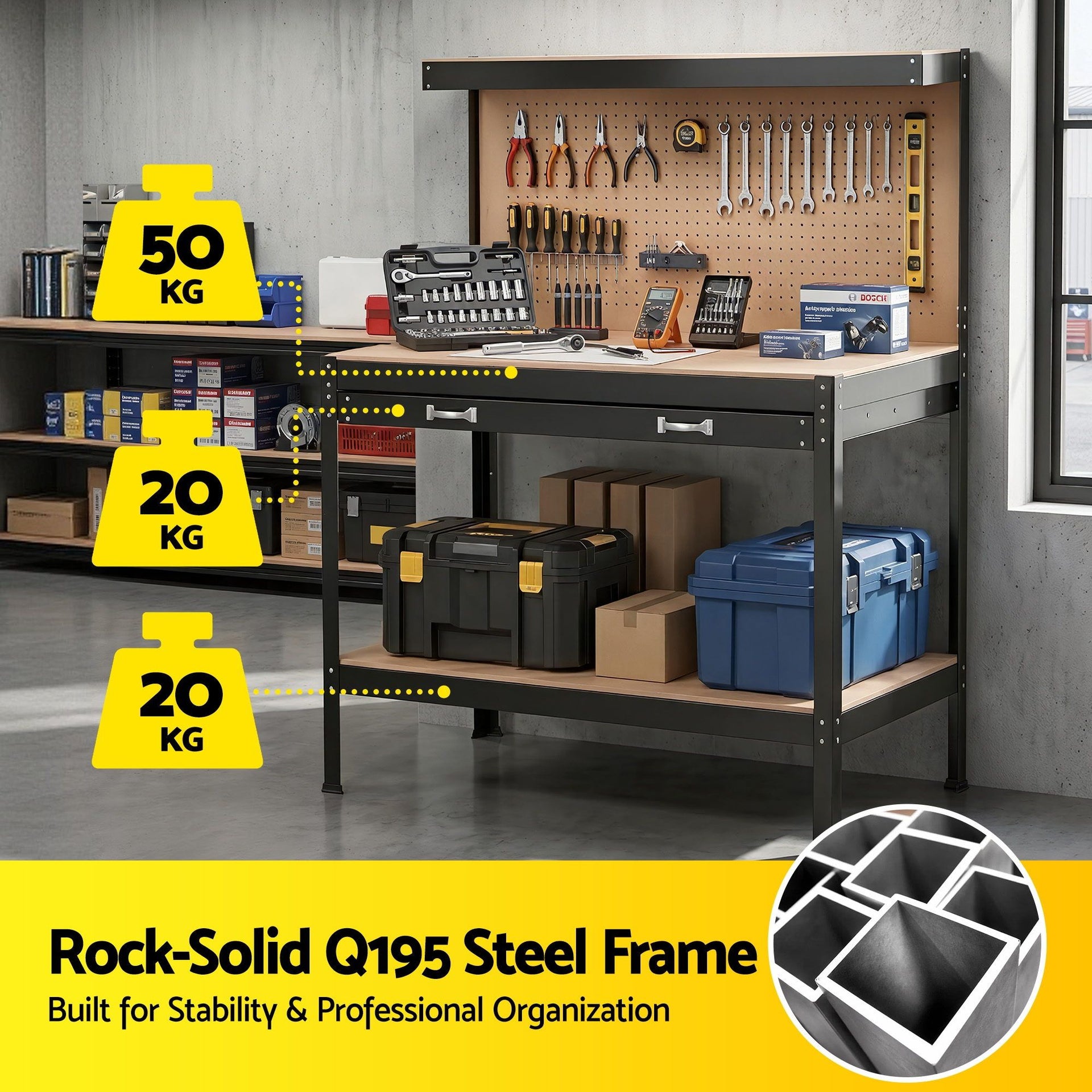 Giantz Workbench with Pegboard and Ultra-Wide 120cm Work Table for Garage DIY, 20 Hooks Awezingly