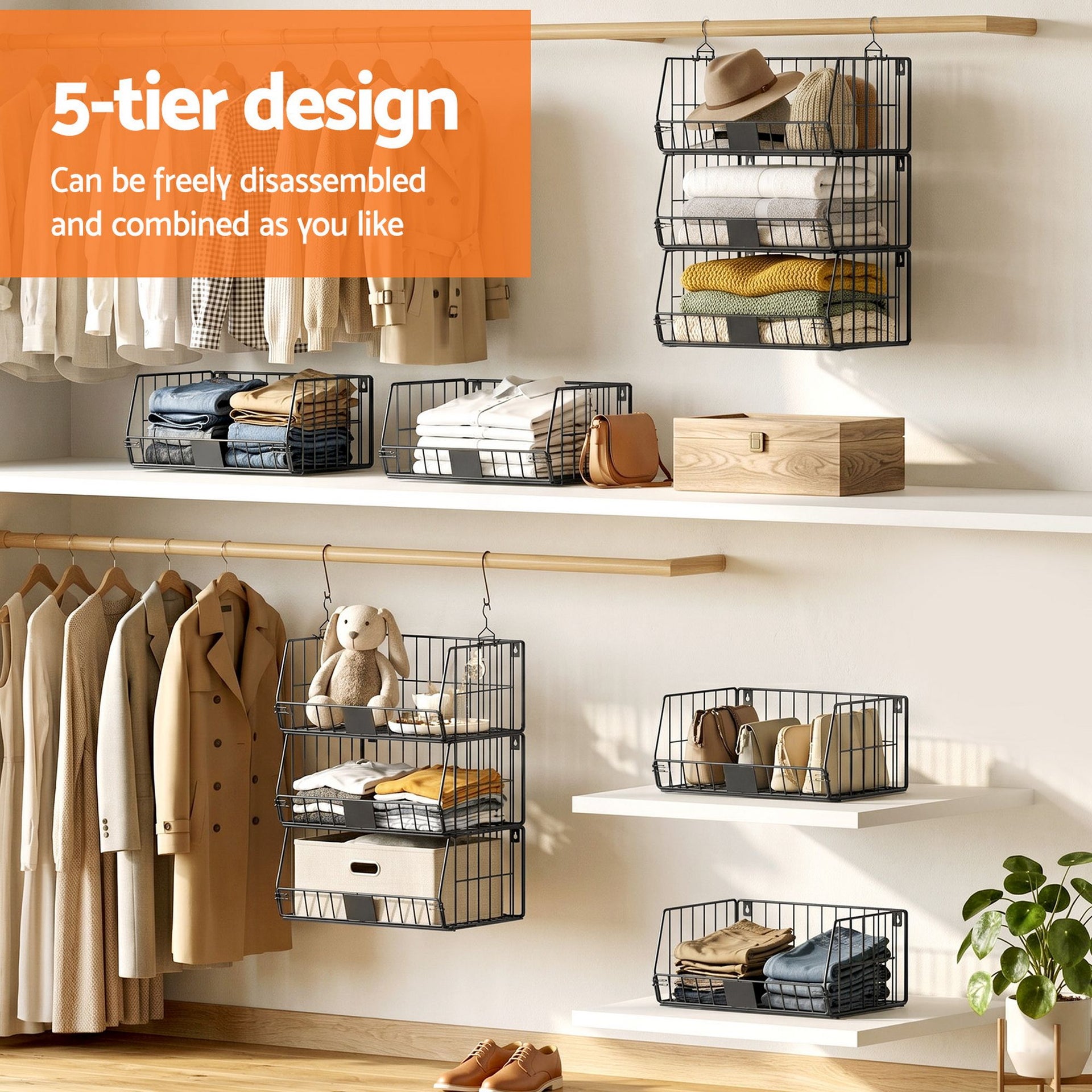 Artiss 5 Tier Stackable Closet Organizers and Storage Closet Hanging Storage Organizer Shelves Awezingly