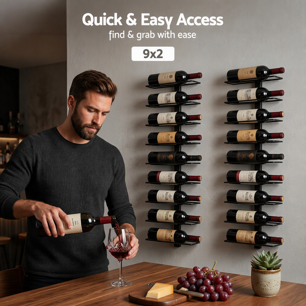 Artiss Wall Mounted Wine Rack Holder Black Metal - Set of 2 (18-Bottle Capacity) Awezingly