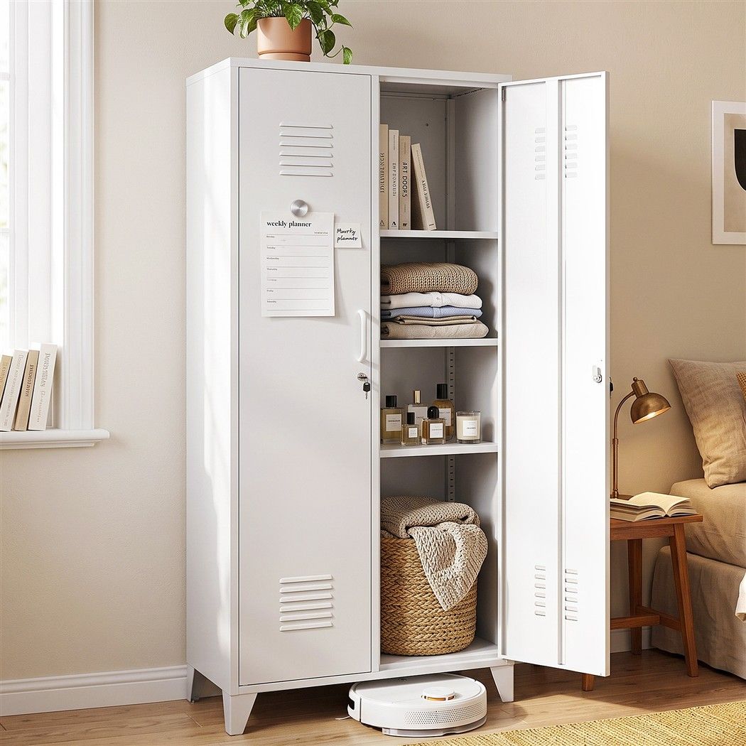 Artiss 2-Door Wardrobe Lockable Cabinet Storage Closet Hanging Rail Adjustable Shelves Cream White Artiss