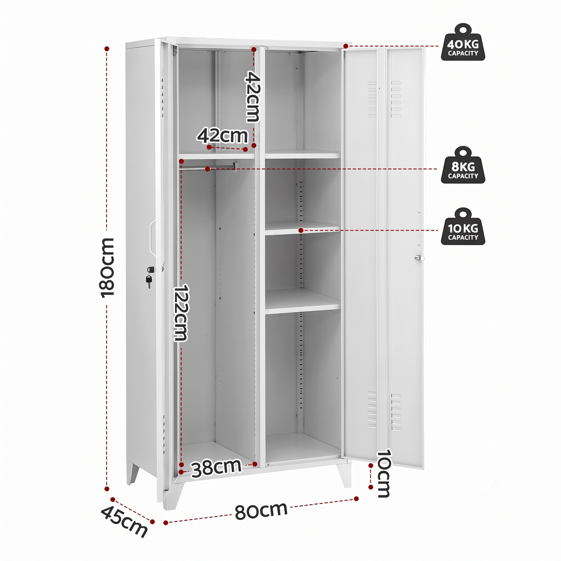 Artiss 2-Door Wardrobe Lockable Cabinet Storage Closet Hanging Rail Adjustable Shelves Cream White Artiss