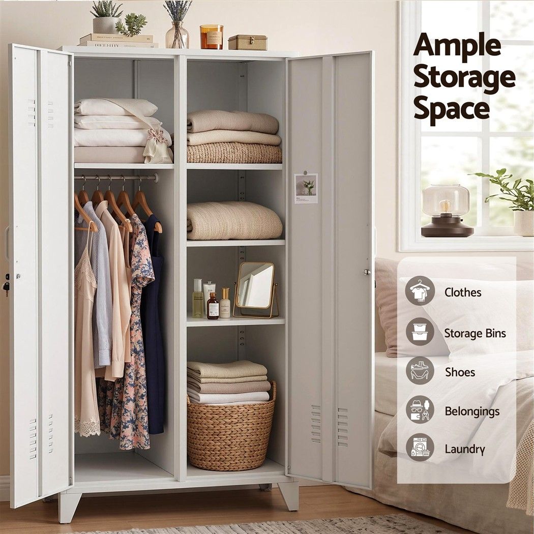 Artiss 2-Door Wardrobe Lockable Cabinet Storage Closet Hanging Rail Adjustable Shelves Cream White Artiss
