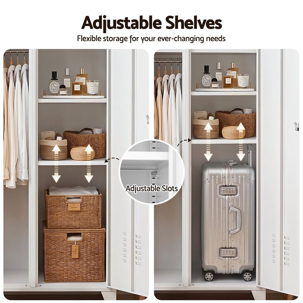 Artiss 2-Door Wardrobe Lockable Cabinet Storage Closet Hanging Rail Adjustable Shelves Cream White Artiss