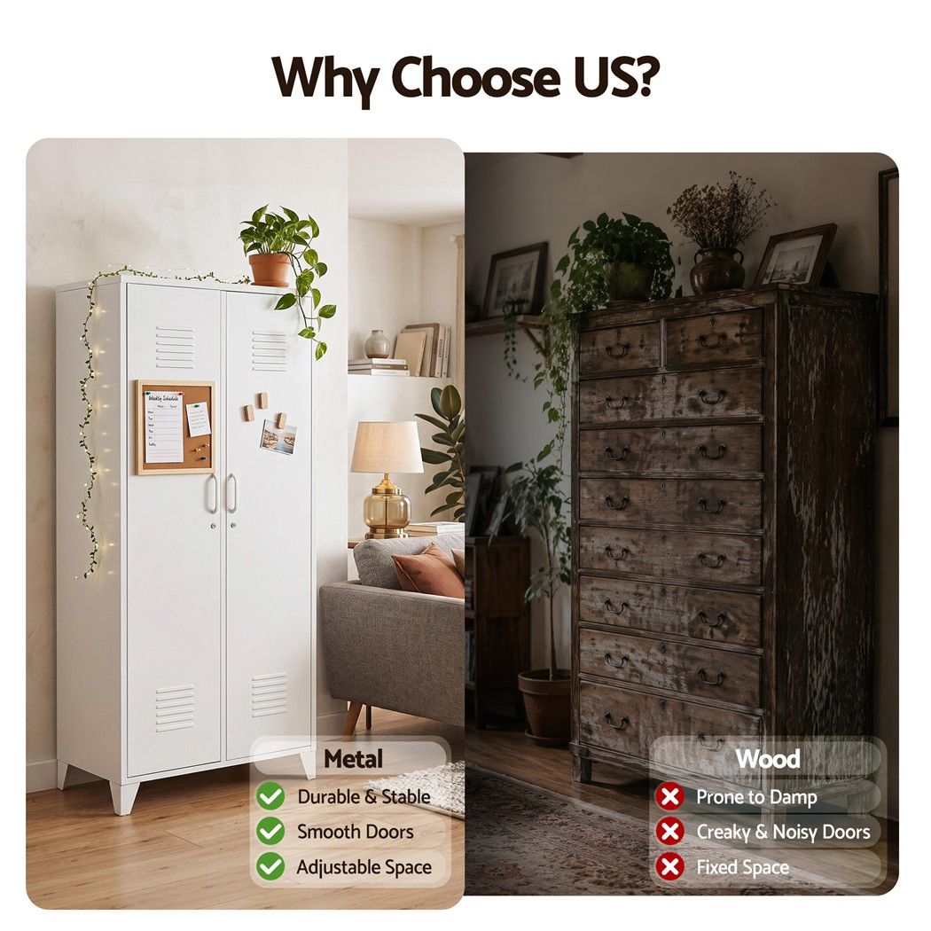 Artiss 2-Door Wardrobe Lockable Cabinet Storage Closet Hanging Rail Adjustable Shelves Cream White Artiss