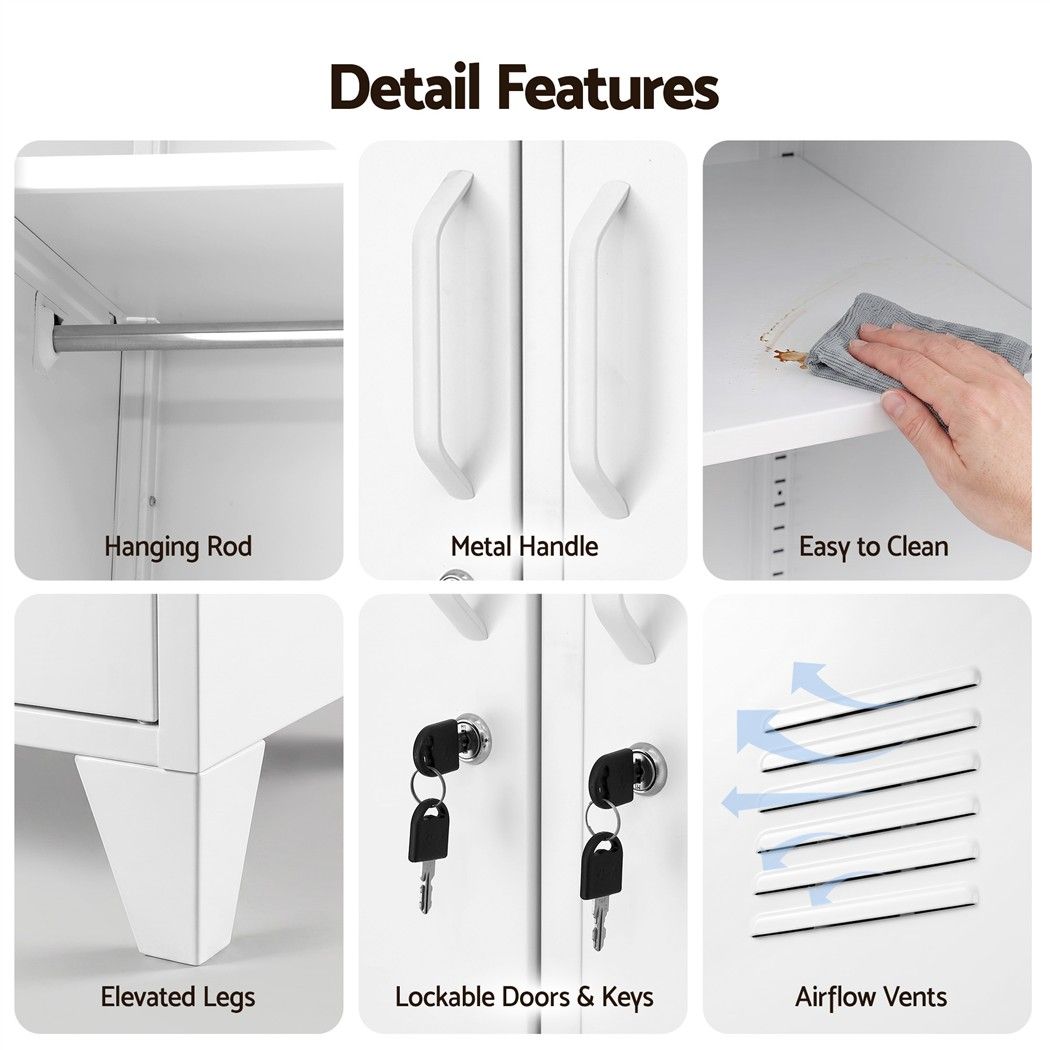 Artiss 2-Door Wardrobe Lockable Cabinet Storage Closet Hanging Rail Adjustable Shelves Cream White Artiss