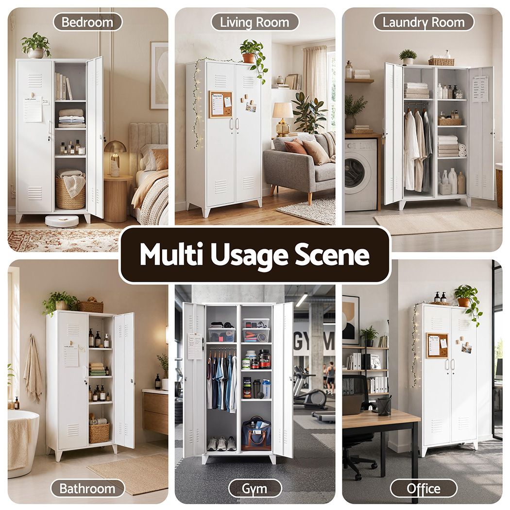 Artiss 2-Door Wardrobe Lockable Cabinet Storage Closet Hanging Rail Adjustable Shelves Cream White Artiss